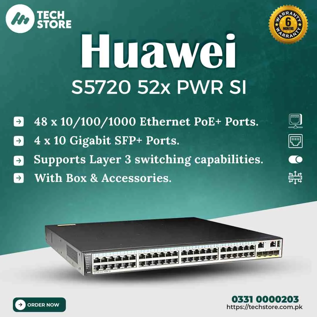 Huawei S5720-52X-PWR-SI-AC 48 Ports Ethernet Switch 101001000 PoE +4 Ports10G SFP with (Complete Box and Accessories)