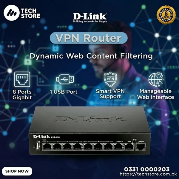 D-Link VPN Router | D-Link DSR-250 8-Port Gigabit VPN Router