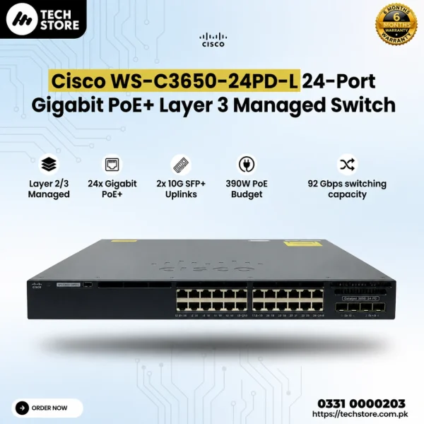 Cisco WS-C3650-24PD-L 24-Port Gigabit PoE+ Layer 3 Managed Switch | 2× ...