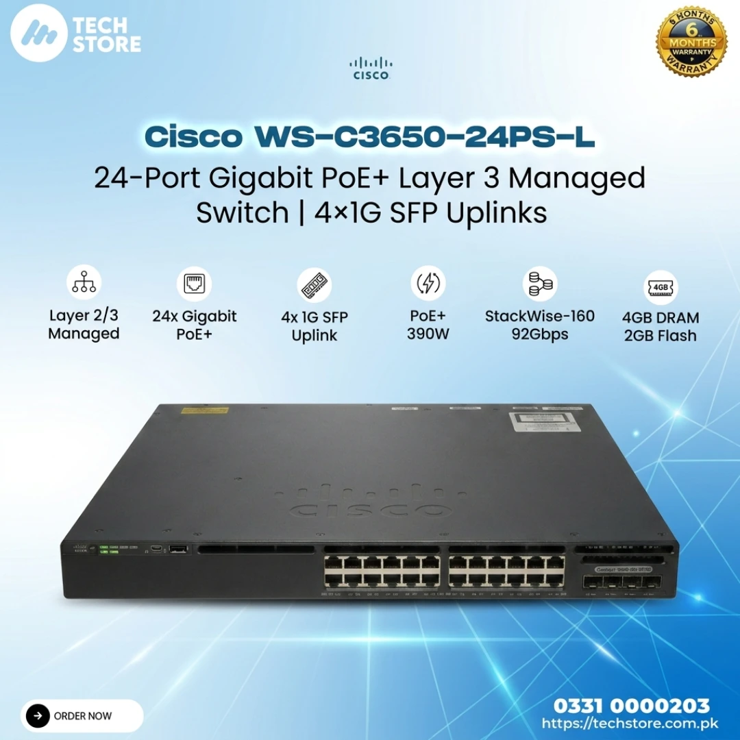 Cisco WS-C3650-24PS-L 24-Port Gigabit PoE+ Layer 3 Managed Switch 4×1G SFP Uplinks