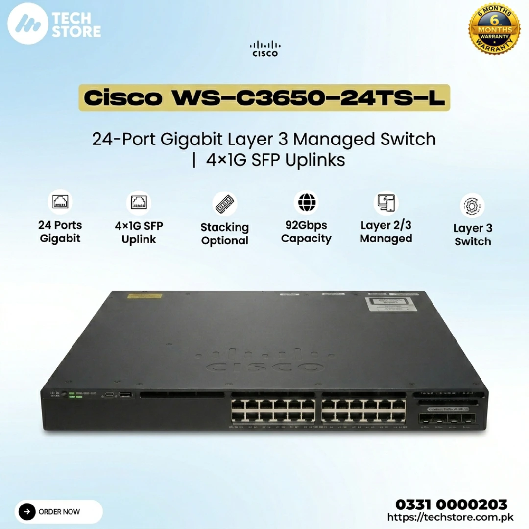Cisco WS-C3650-24TS-L 24-Port Gigabit Layer 3 Managed Switch 4×1G SFP Uplinks