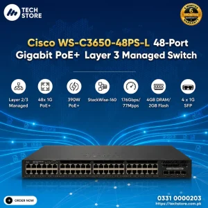 Cisco WS-C3650-48PS-L 48-Port Gigabit PoE+ Layer 3 Managed Switch