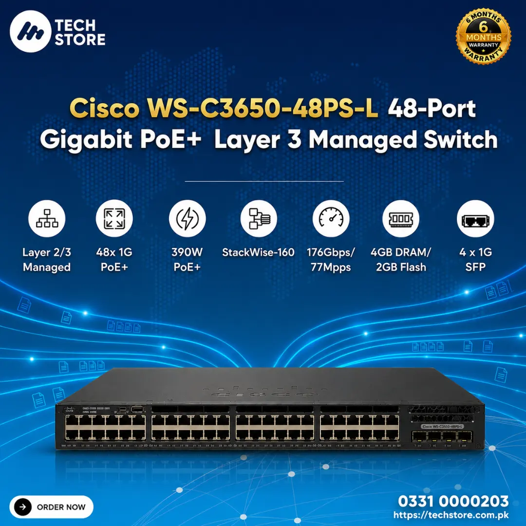 Cisco WS-C3650-48PS-L 48-Port Gigabit PoE+ Layer 3 Managed Switch