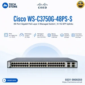 Cisco WS-C3750G-48PS-S 48-Port Gigabit PoE Layer 3 Managed Switch | 4×1G SFP Uplinks