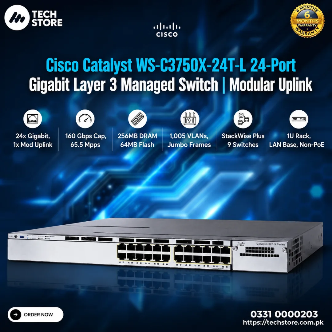 Cisco Catalyst WS-C3750X-24T-L 24-Port Gigabit Layer 3 Managed Switch Modular Uplink