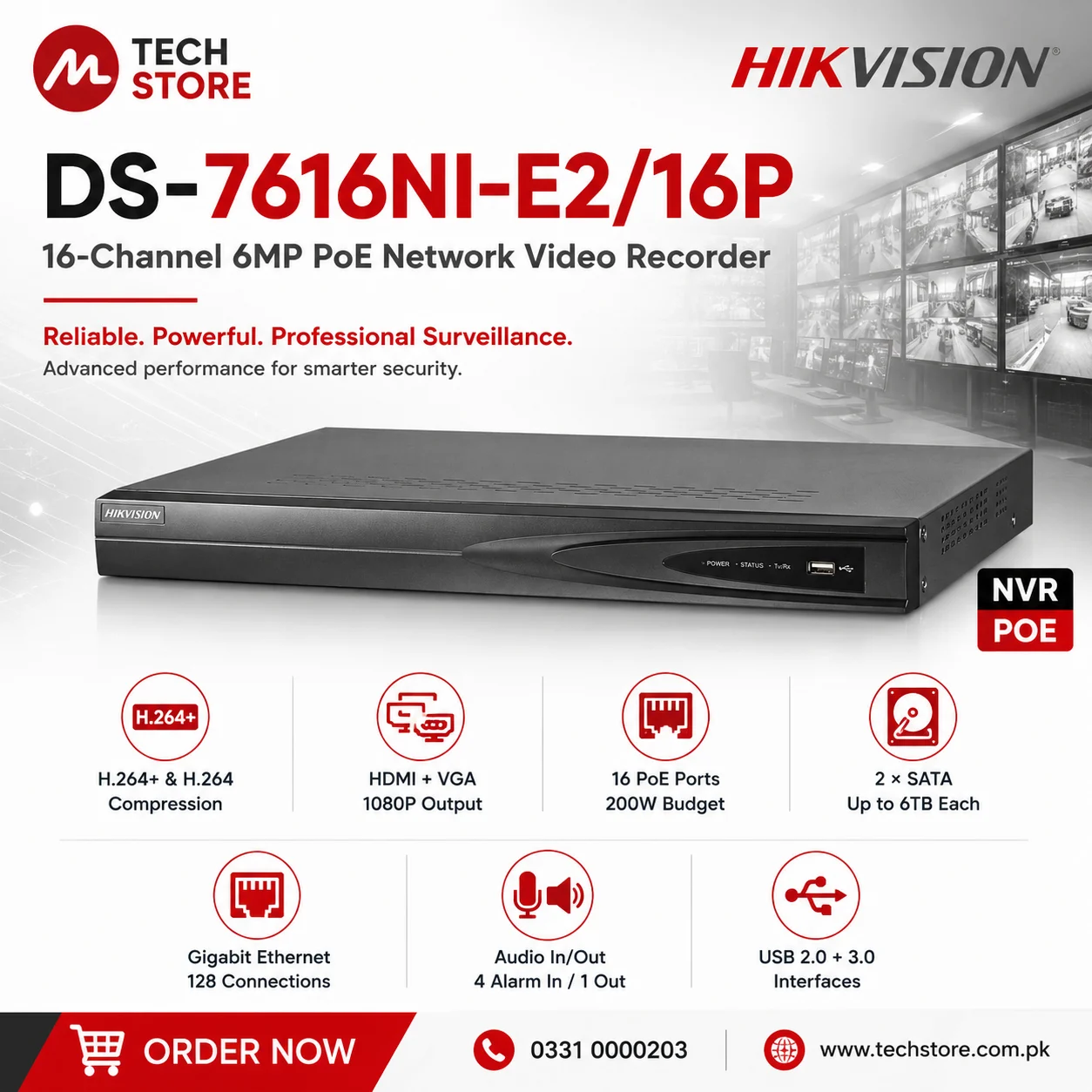 Hikvision DS-7616NI-E216P 16-Channel 6MP PoE Network Video Recorder